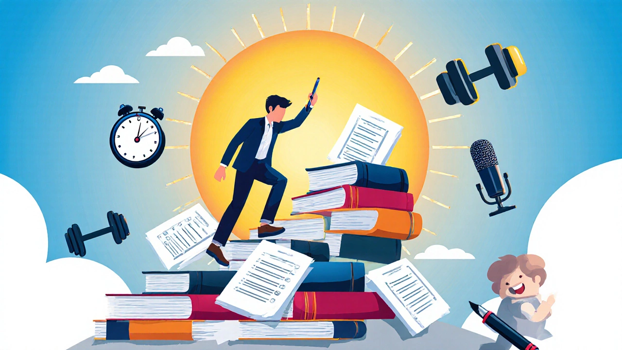 A person climbing a staircase of study material toward a glowing sunrise.