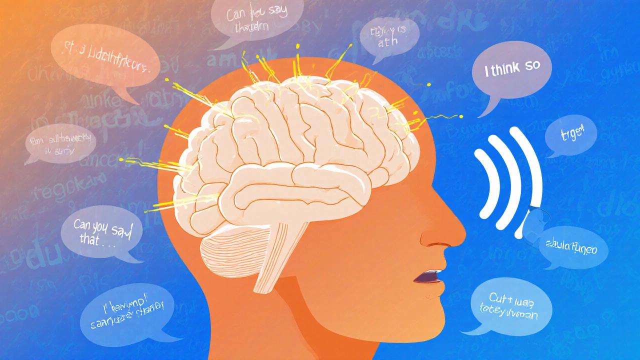 Brain with sound waves and spoken phrases lighting up neural pathways.