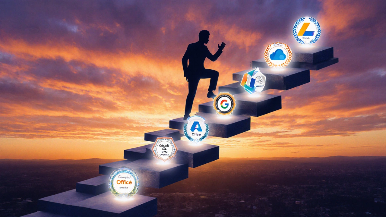 Career ladder of glowing certification badges with a person climbing toward a sunrise.