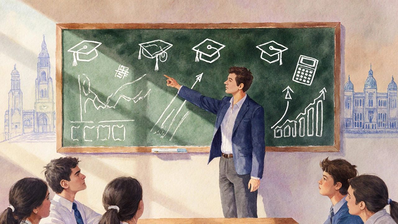 Chalkboard illustration showing success metrics and study icons.