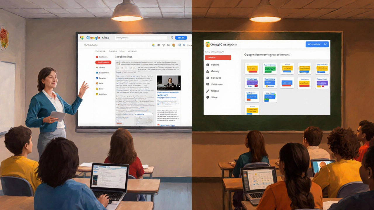Classroom showing Google Sites and Classroom interfaces on screens.