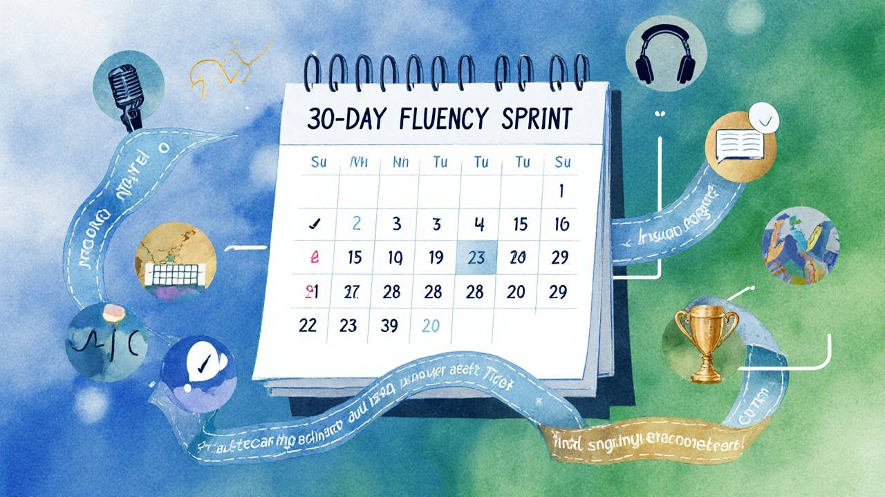 Collage of a 30‑day calendar showing language practice milestones and progress icons.