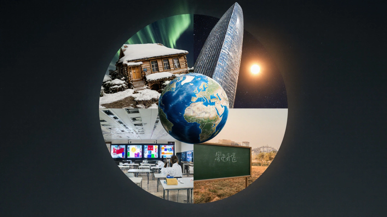 Collage of school symbols from Finland, Singapore, South Korea, and India surrounding a globe.