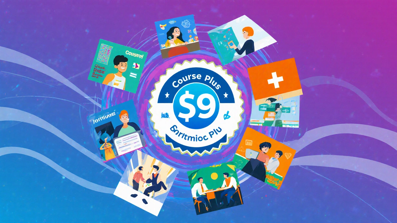 Colorful collage of many online courses orbiting a subscription badge.