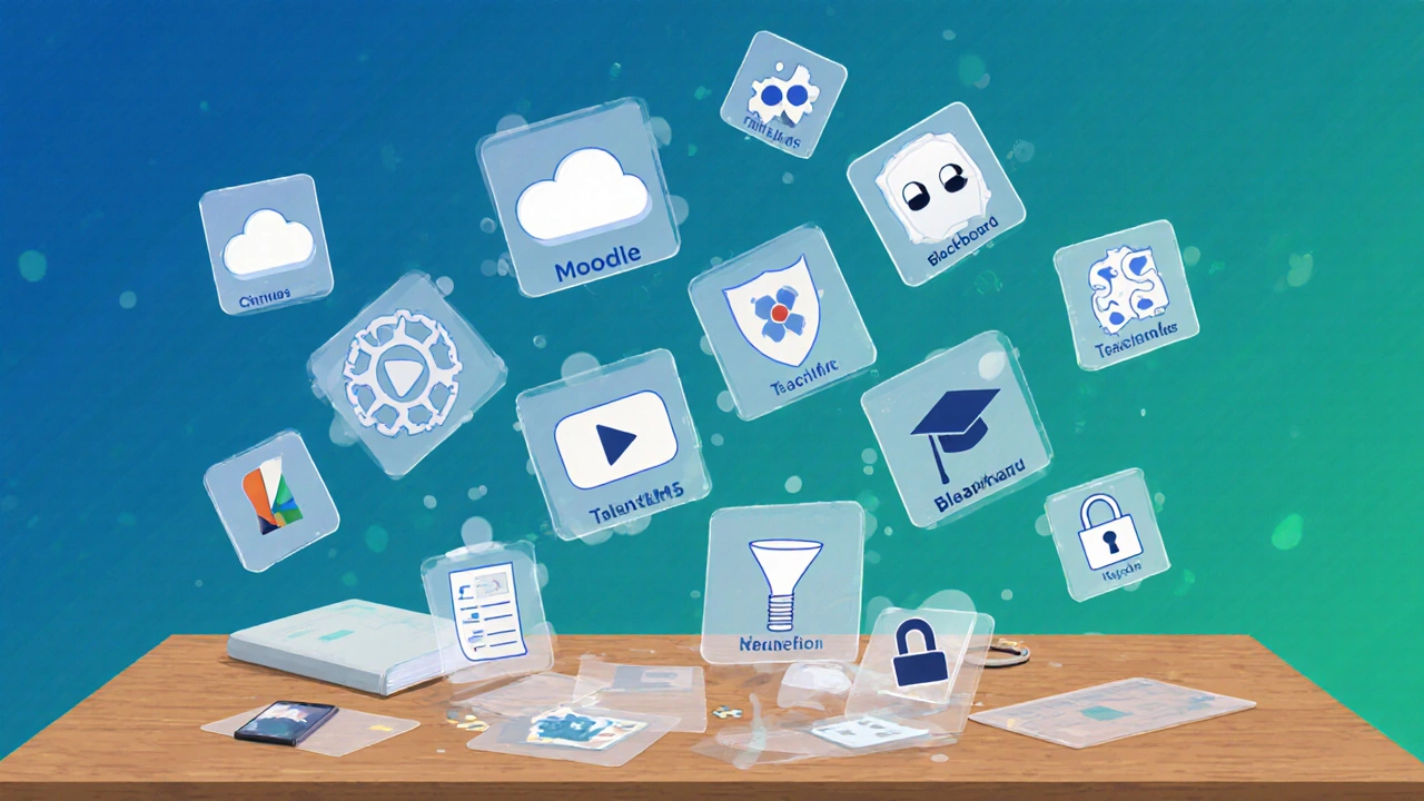 Desk with floating cards showing platform icons and criteria symbols.