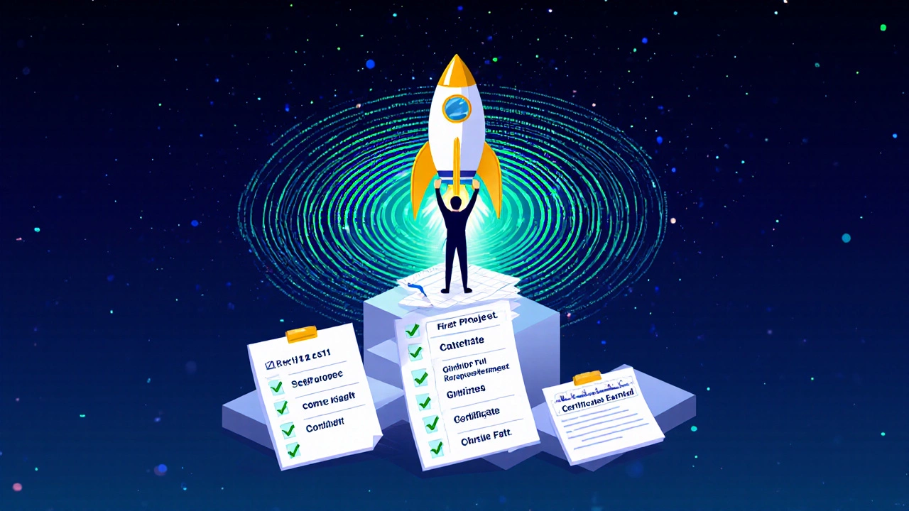 Figure standing on checklists that become steps, binary code rocket launching behind.