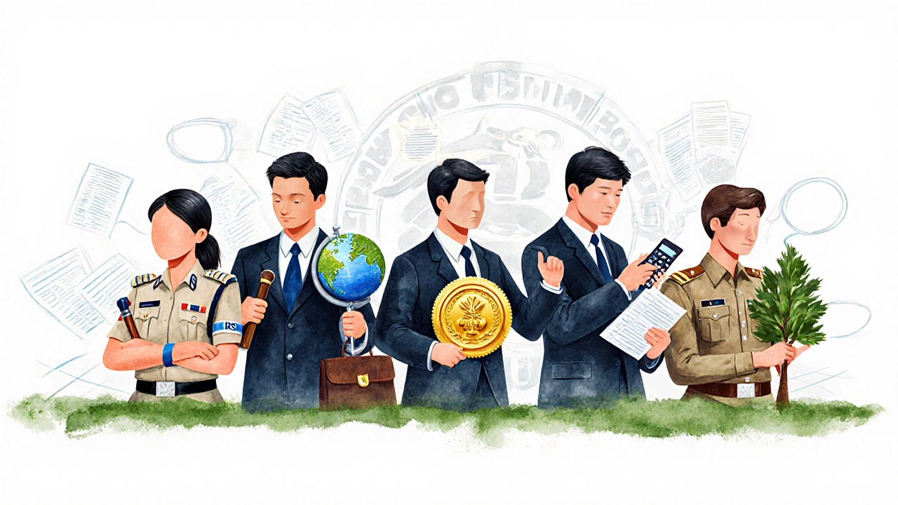 Five symbolic figures representing IAS, IPS, IFS, IRS, and IFoS standing together.