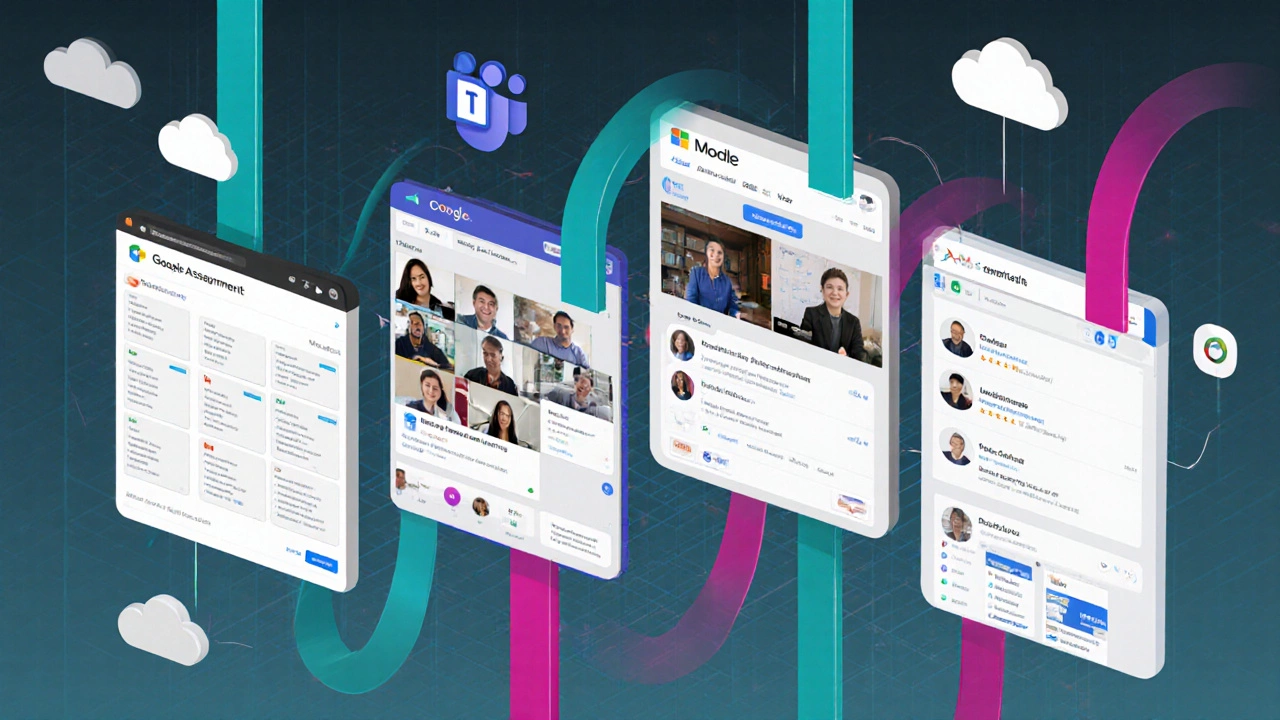 Four panels showing Google Classroom, Teams, Zoom, and Moodle interfaces connected by flowing data ribbons.