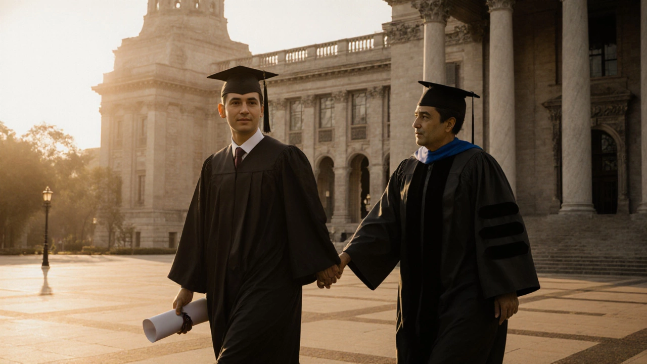 Graduate in a gown walking on an IIT campus at sunrise, feeling triumph.