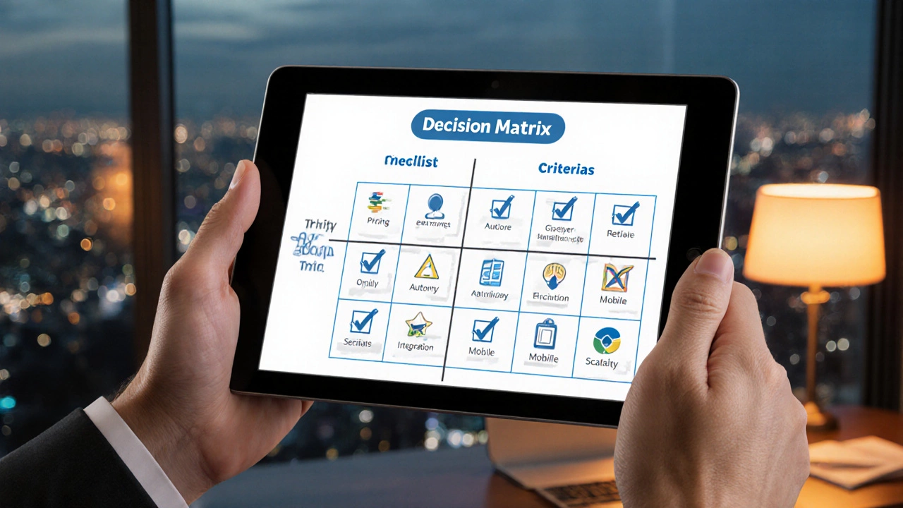 Hand holding tablet with a decision‑matrix of platform and criteria icons.