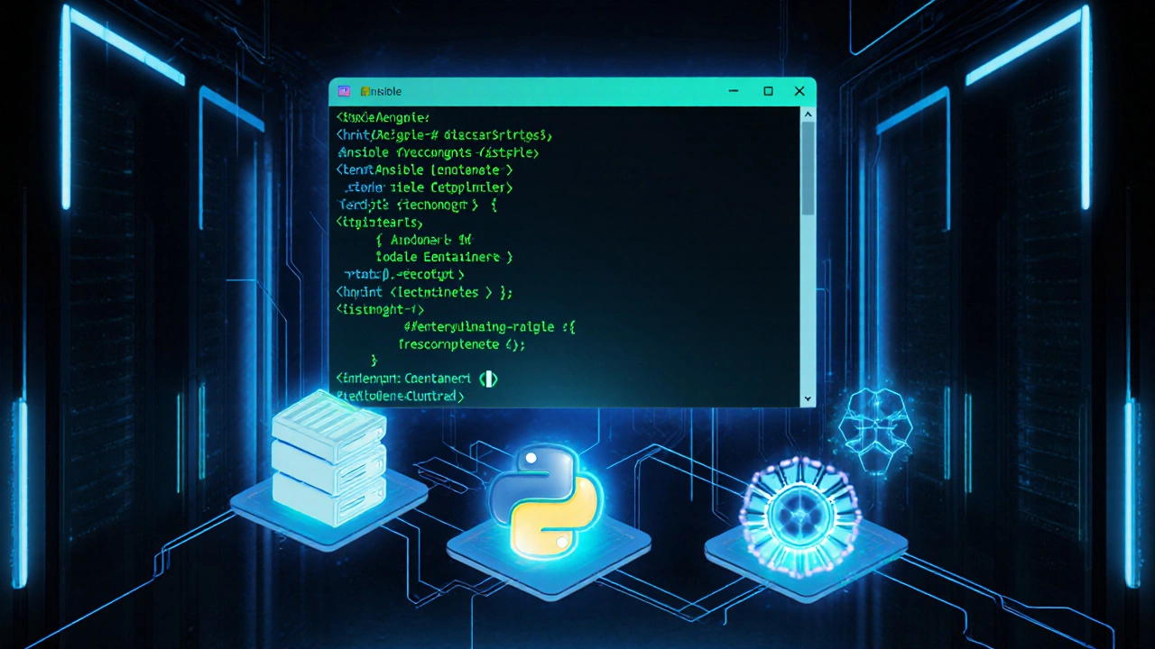 Holographic automation icons and terminal floating over a server room.