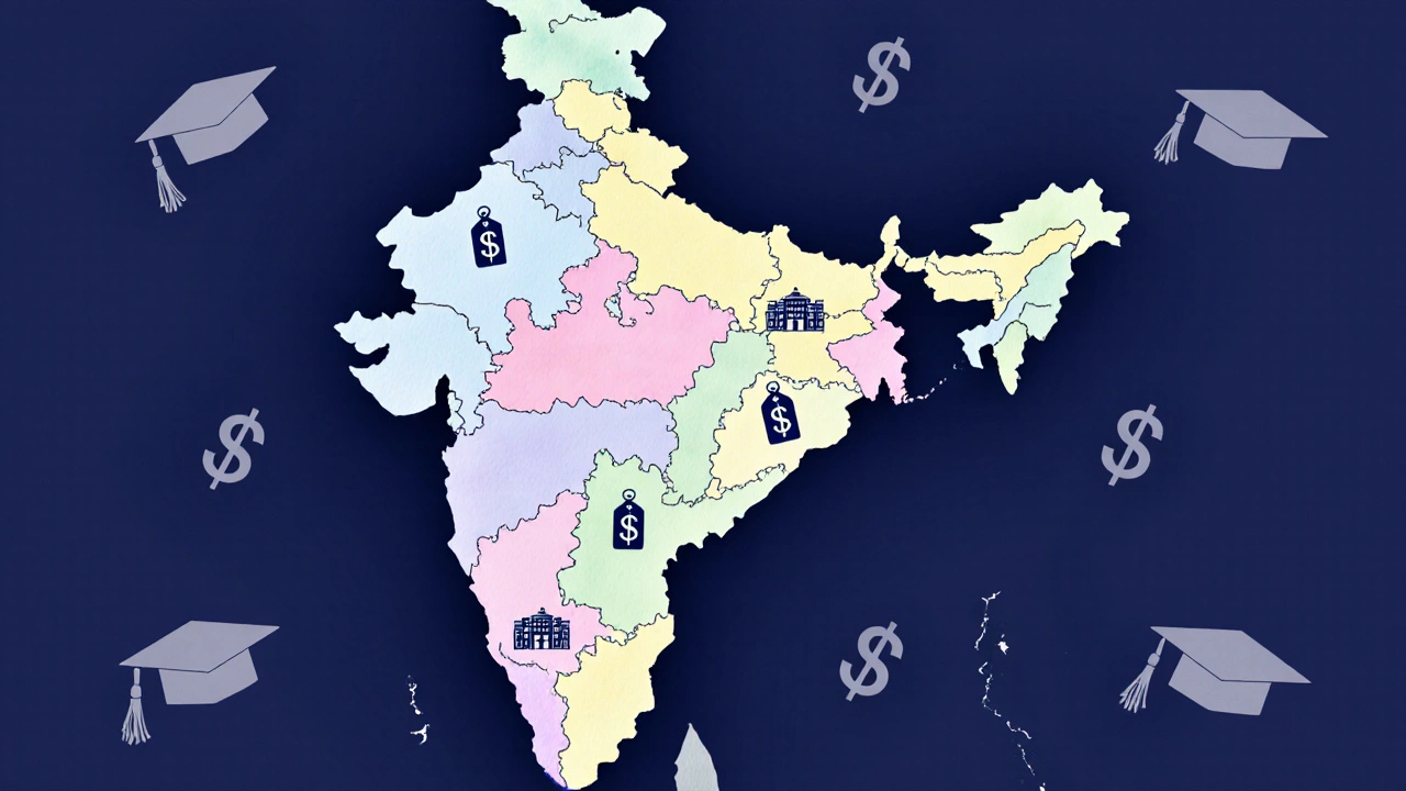 Illustrated map of India highlighting regional MBBS fee differences with medical icons.