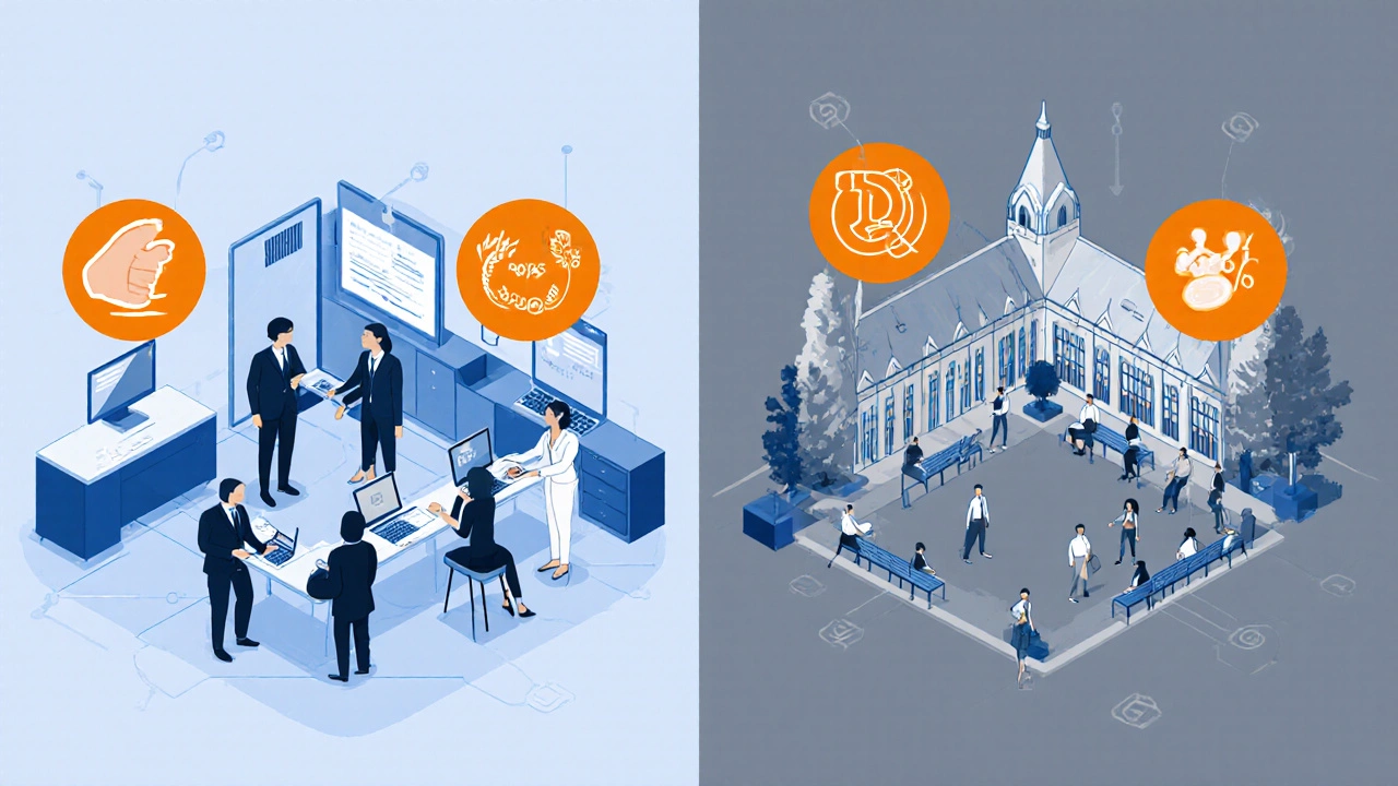 Isometric view of office and campus where employees and students use Coursera on devices.