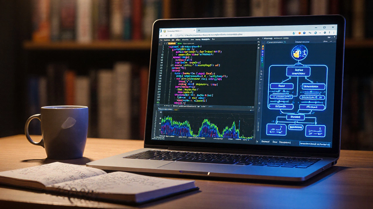 Laptop showing a Jupyter notebook with code, graphs, and a neural network diagram.