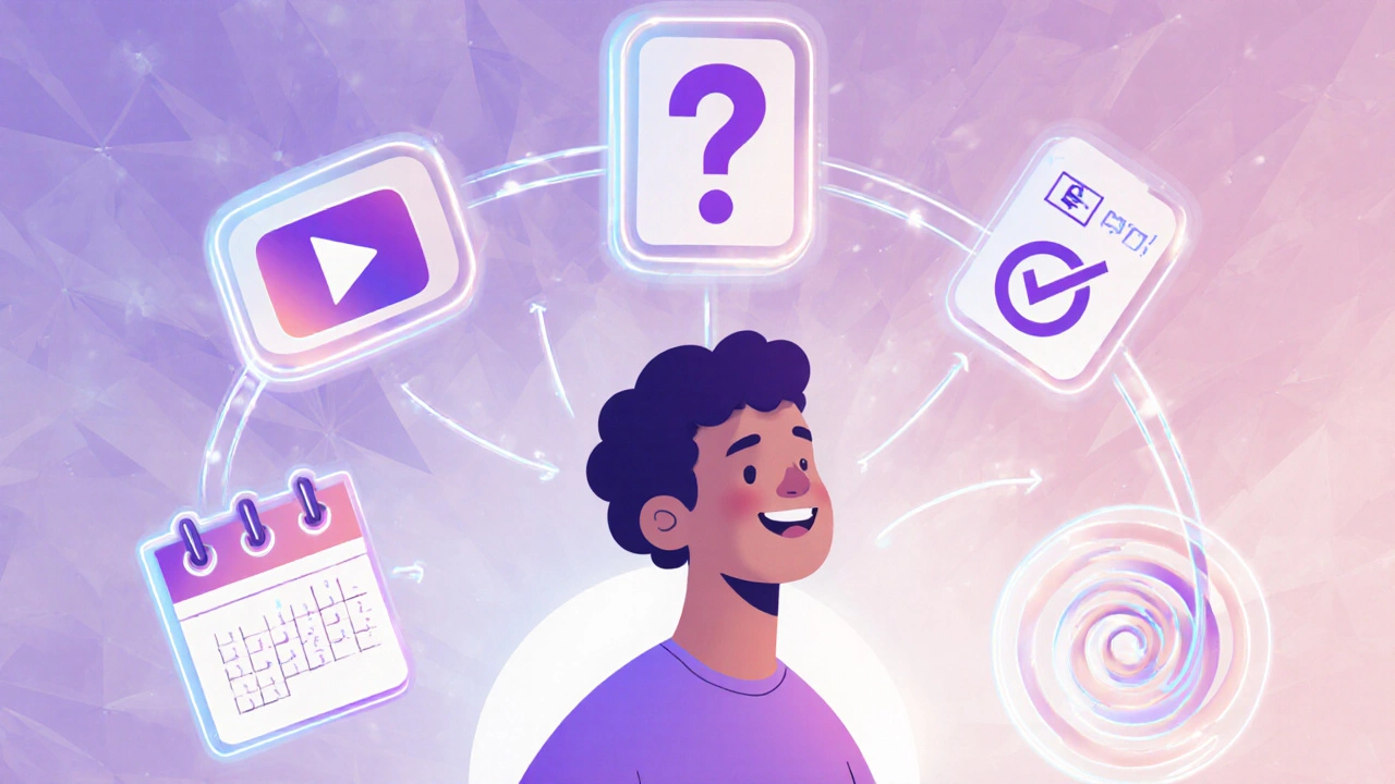 Learner surrounded by floating icons of video, quiz, flashcards and a calendar, illustrating study habits.