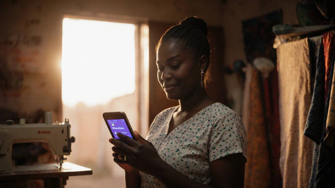 Mother in Nairobi using Python on her phone to send WhatsApp reminders in her tailoring shop.