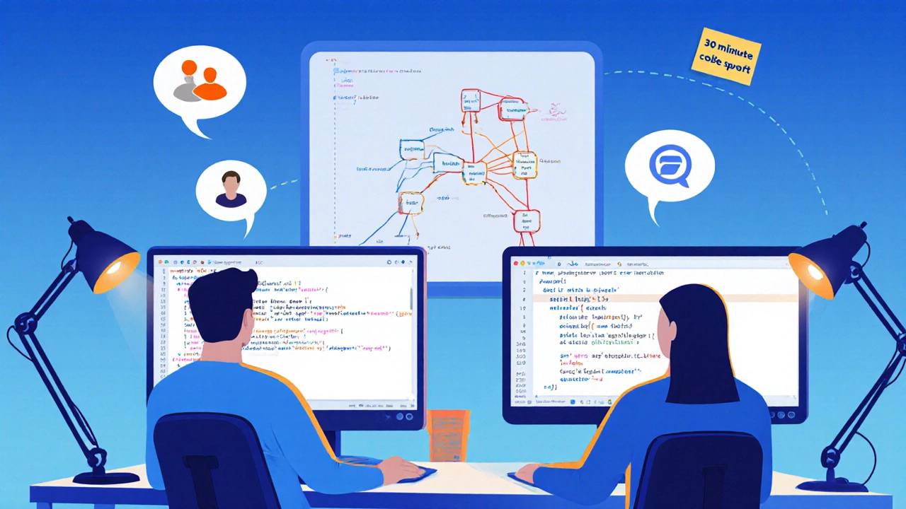 Pair programming session with IDE, debugger, and Git visualized on screen.