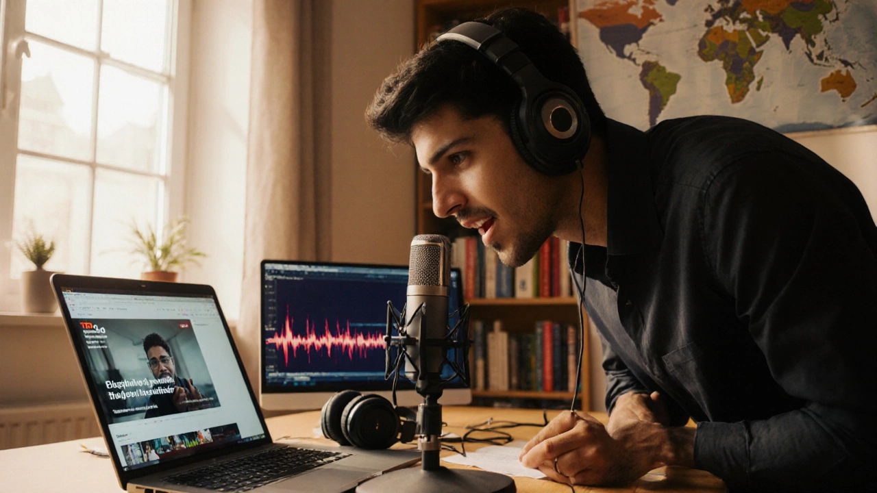 Photorealistic view of a person shadowing a TED talk with headphones, mic, and waveform graphics.