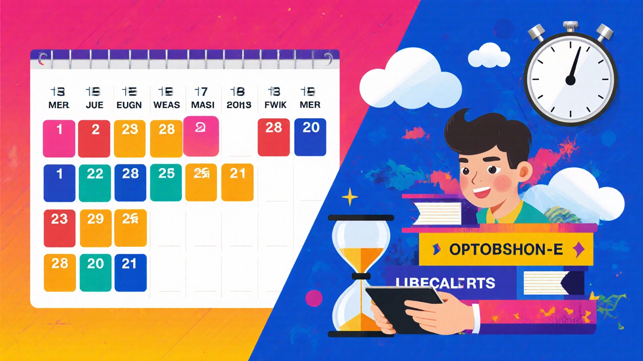 Split view of 8‑week calendar and student with stopwatch, showing fast online learning.