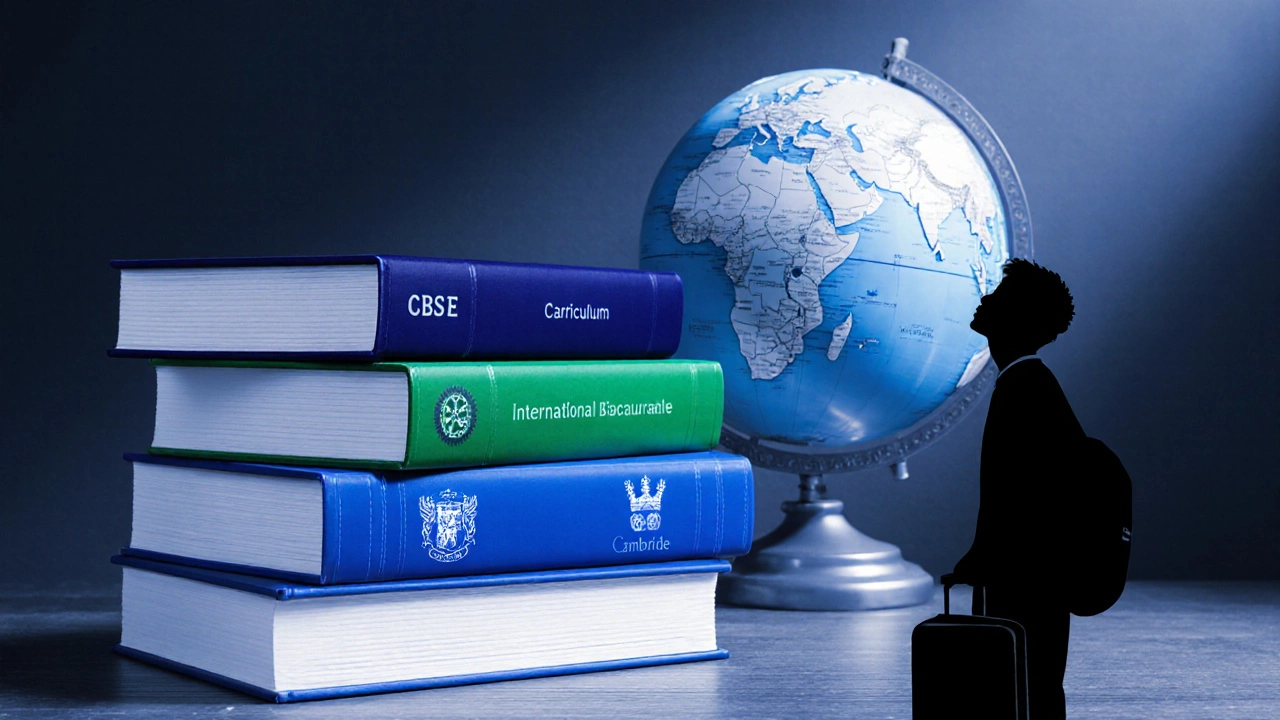 Stacked books for CBSE, IB, and Cambridge beside a traveling student.