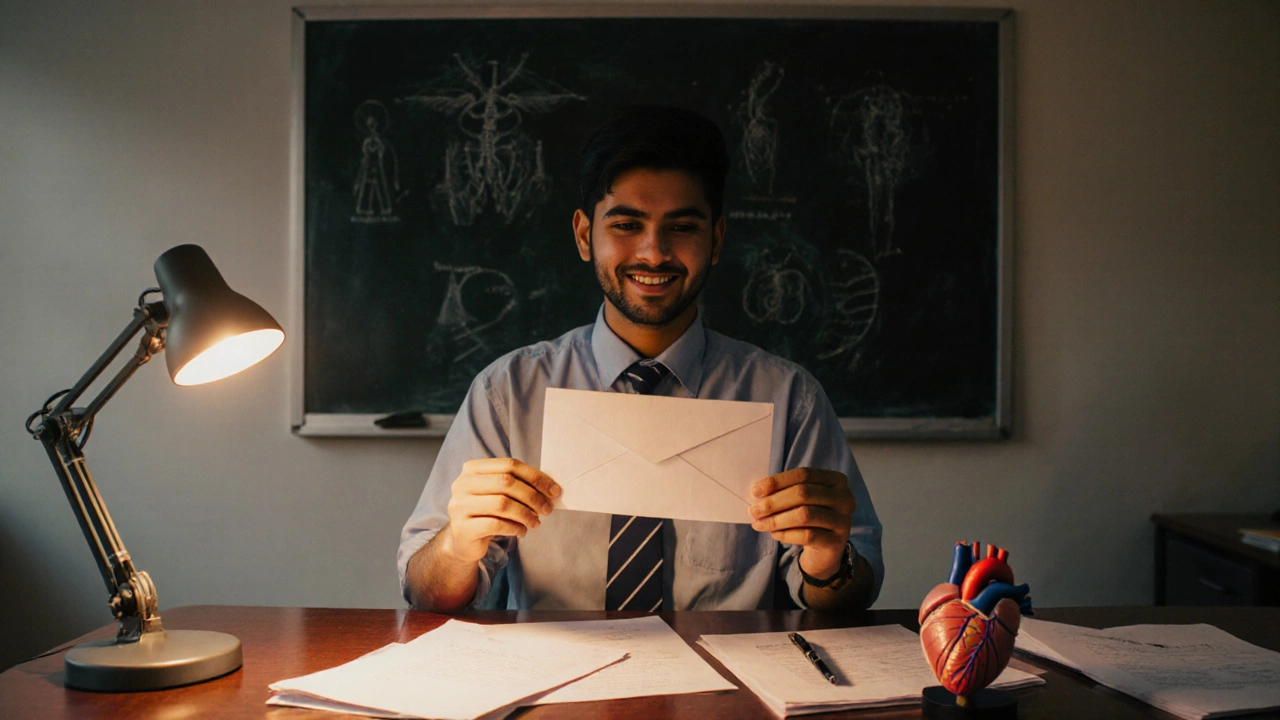 Student holding scholarship approval letter in a college office, appearing relieved.