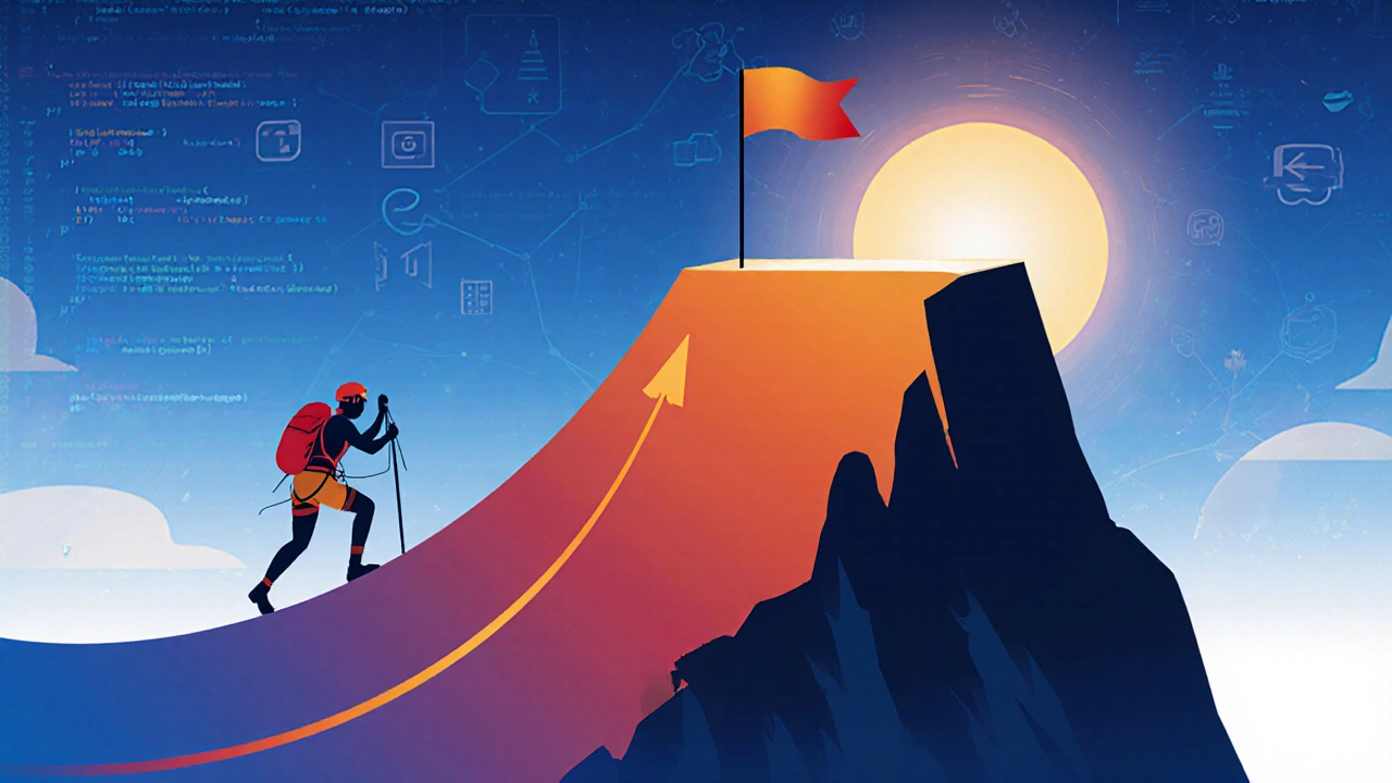 Stylized learning curve showing plateau then steep rise with a climber.