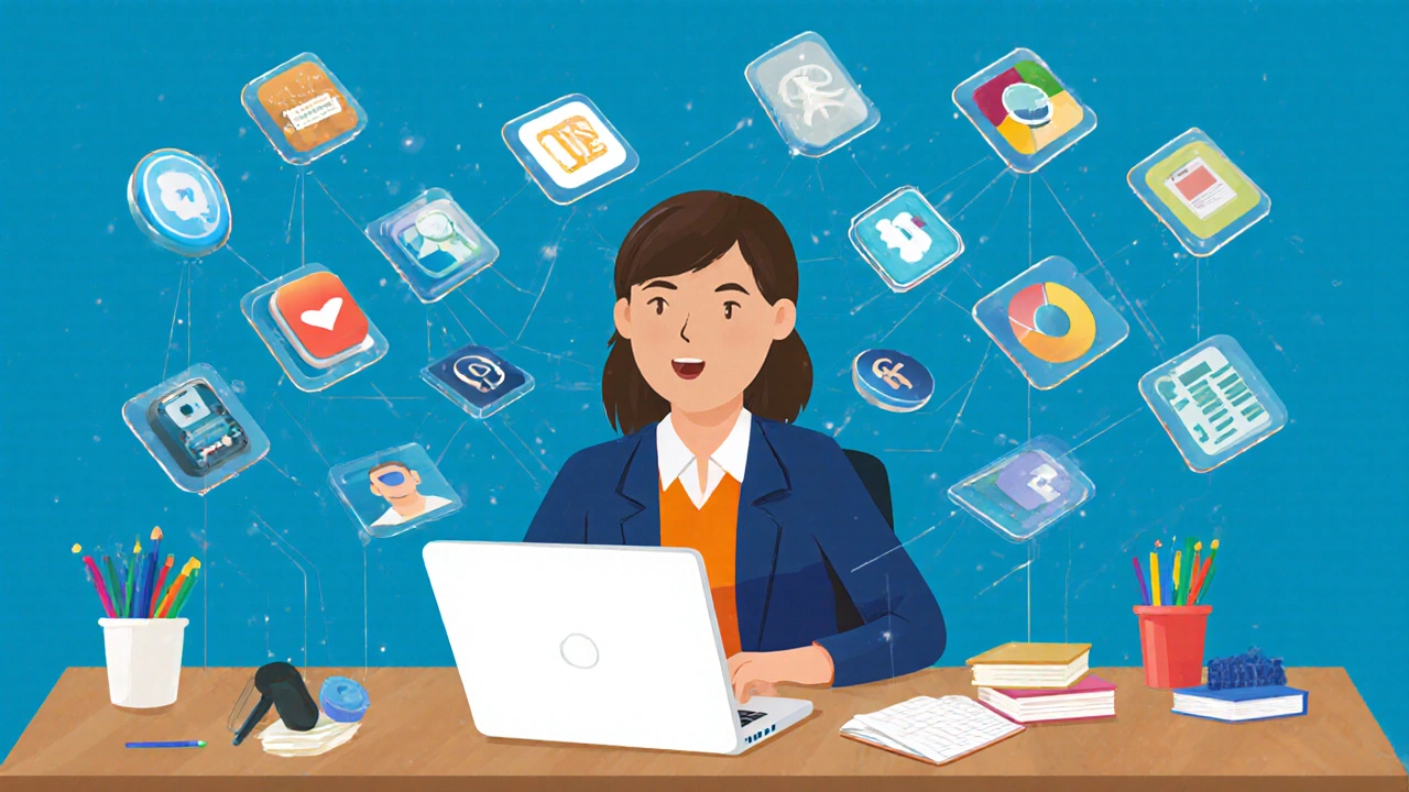 Teacher at a desk with floating app icons, searching for the perfect free teaching tool.