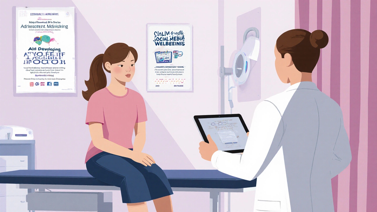 Teen girl discusses health with an adolescent medicine specialist in a pastel clinic.
