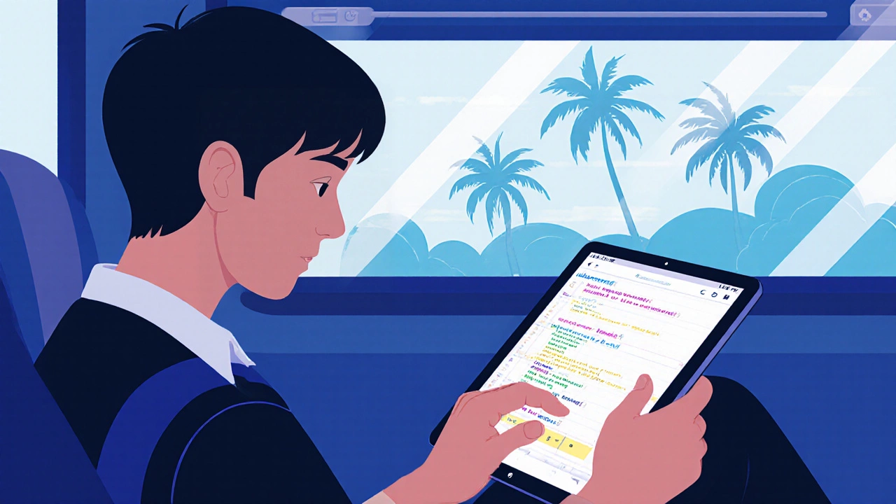 Teenager coding a habit tracker app on an iPad while riding a school bus.