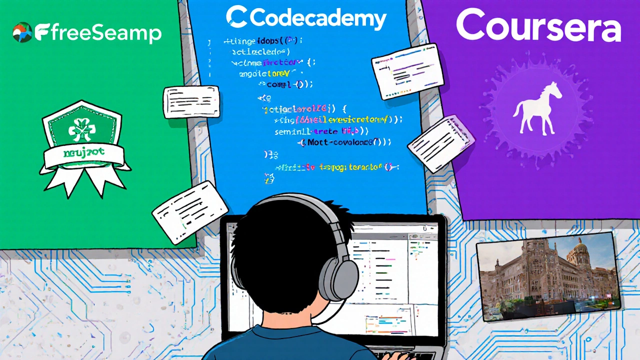 Three-panel illustration of freeCodeCamp, Codecademy, Coursera with a programmer coding.