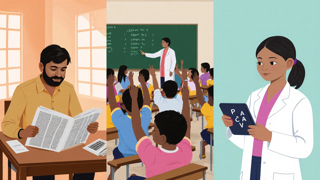 Three panels showing adult reading, crowded classroom, and teen solving math on a tablet.