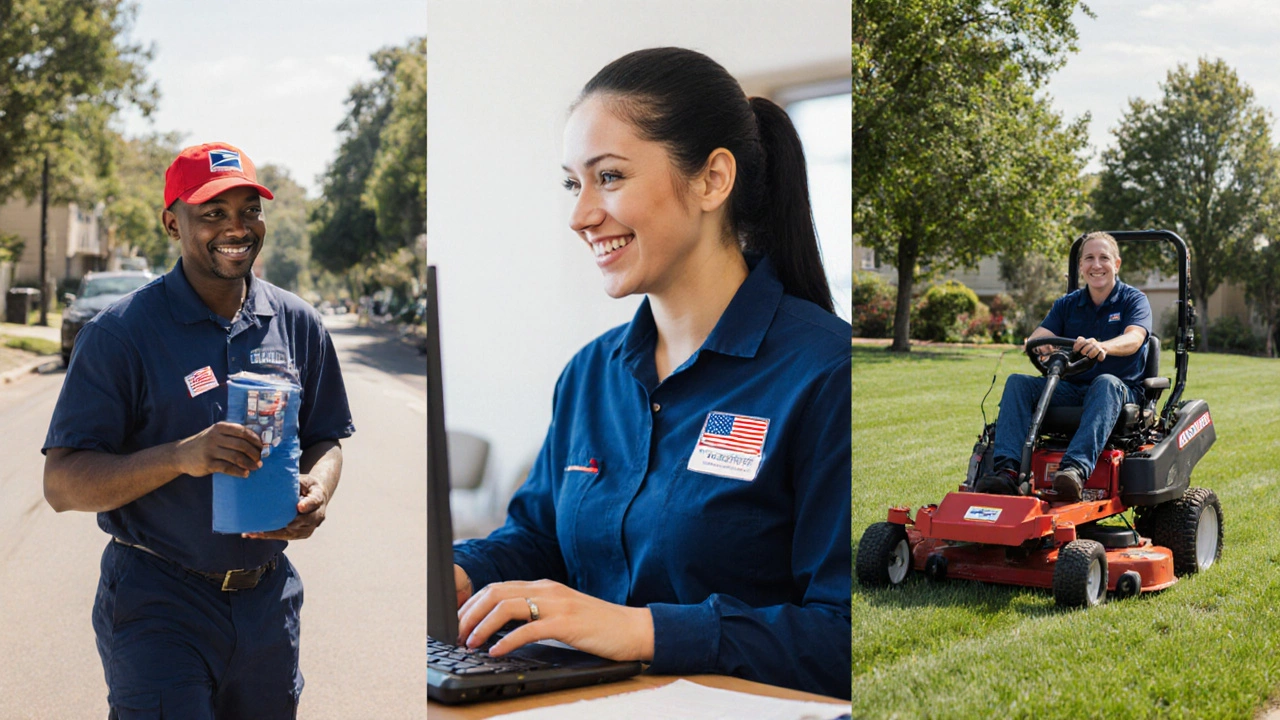 Three workers – mail carrier, VA assistant, and groundskeeper – proudly performing their jobs.