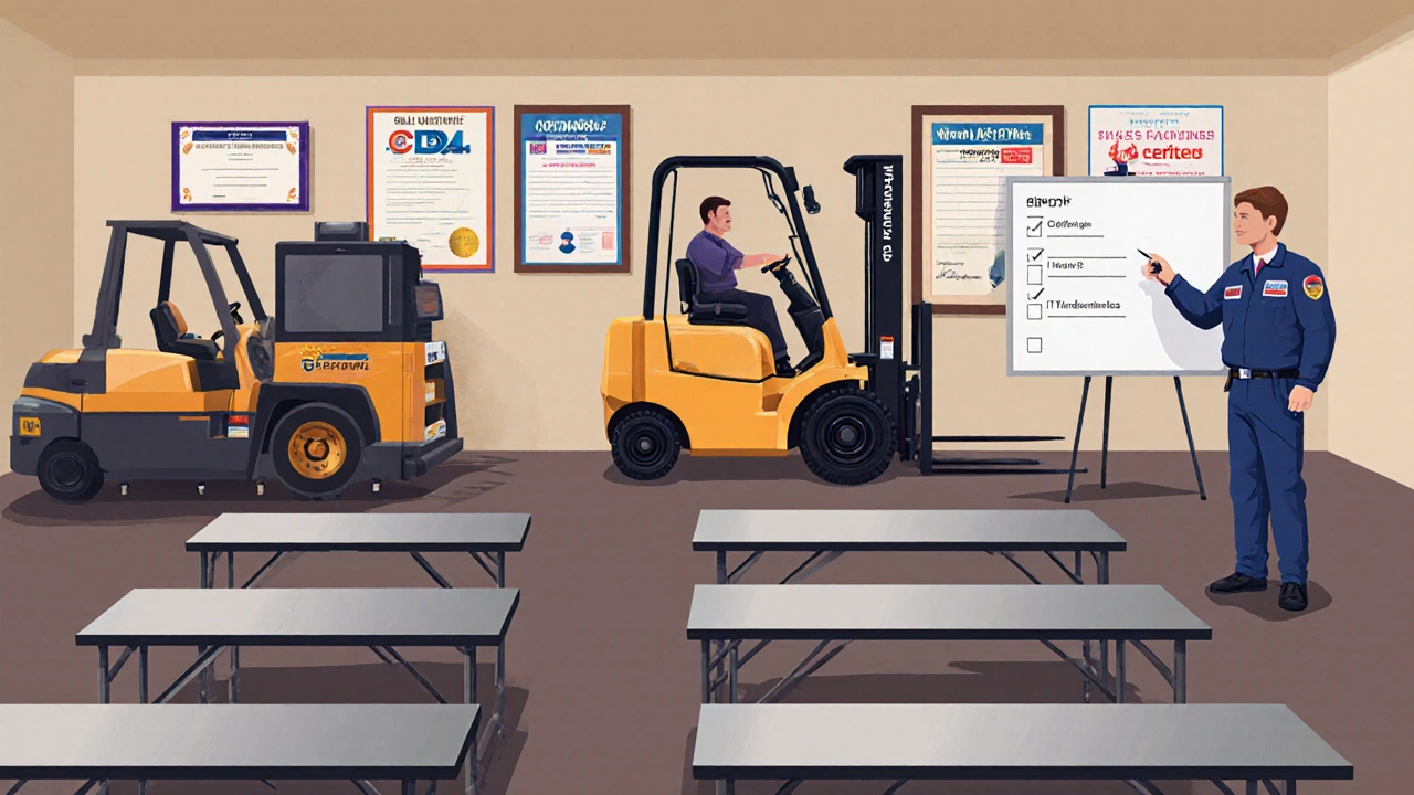Training workshop showing CDL simulator, forklift, and IT computer stations with certificates on the wall.