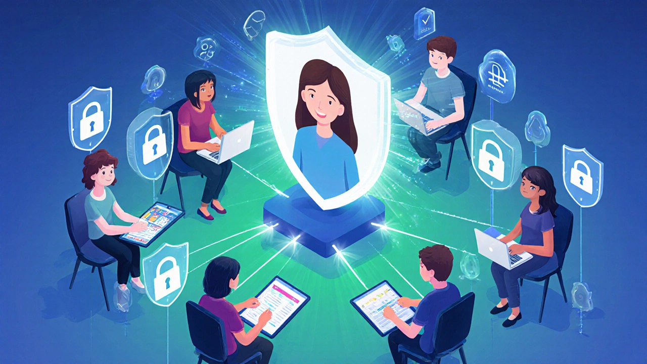 Virtual classroom with diverse students on devices, a holographic teacher, and security shields representing data privacy.