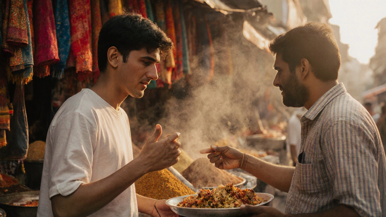Young adult ordering food in English at a busy Indian street market.