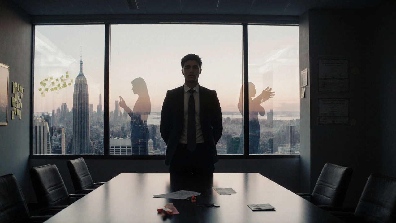 Young executive standing at boardroom table with city skyline, hinting at mentorship and leadership.