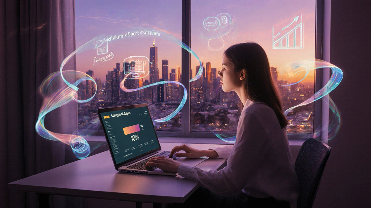 Young professional in Melbourne apartment with progress bar indicating rapid degree completion.