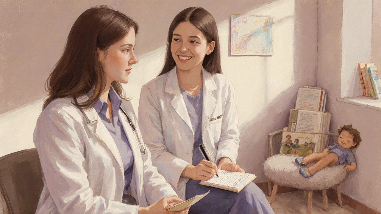 Young woman and female gynecologist share a reassuring moment after a visit.