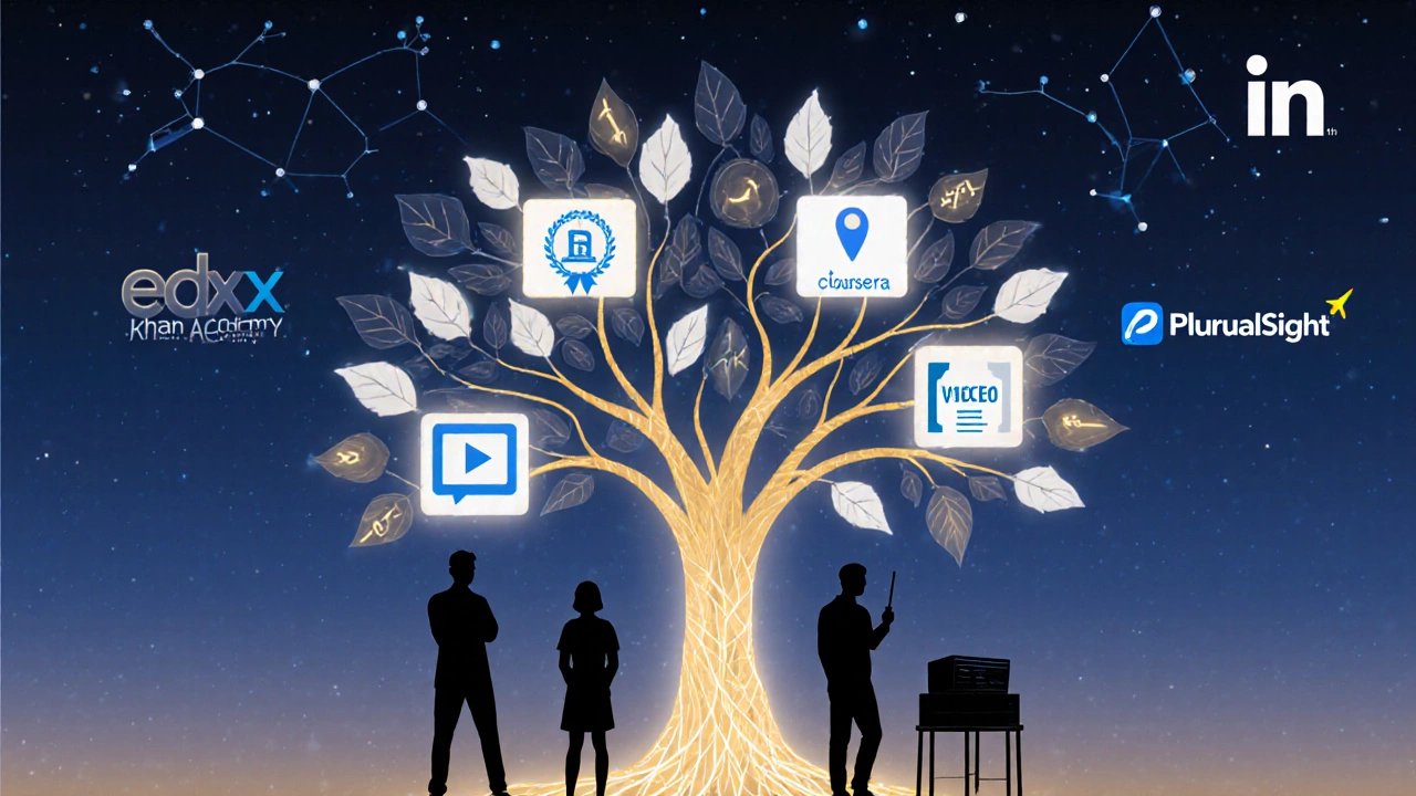 A digital tree with learning platform roots and certificate leaves, connected to diverse Indian learners.