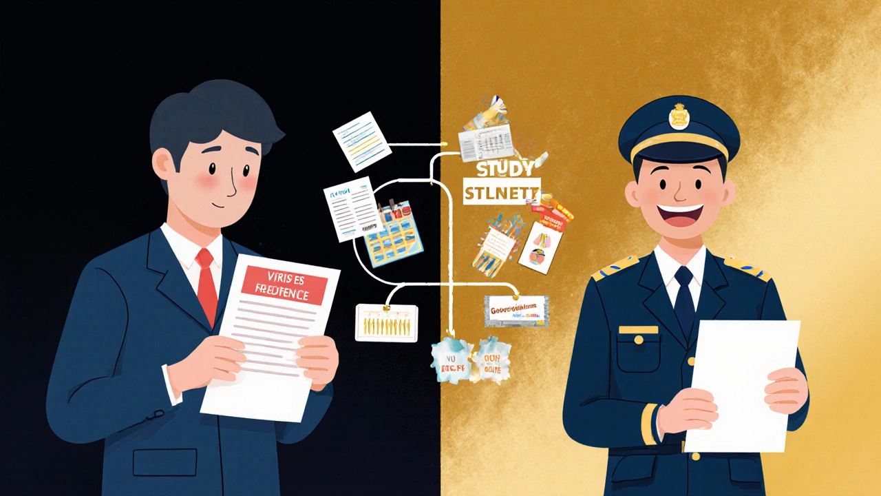 A person transitioning from disappointment to success, with study habits visualized as a path between two scenes.