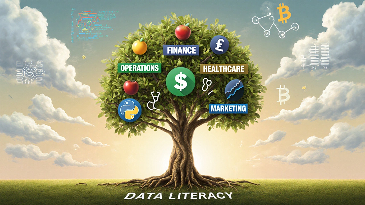 A symbolic tree with branches representing high-demand MBA fields, rooted in data literacy.