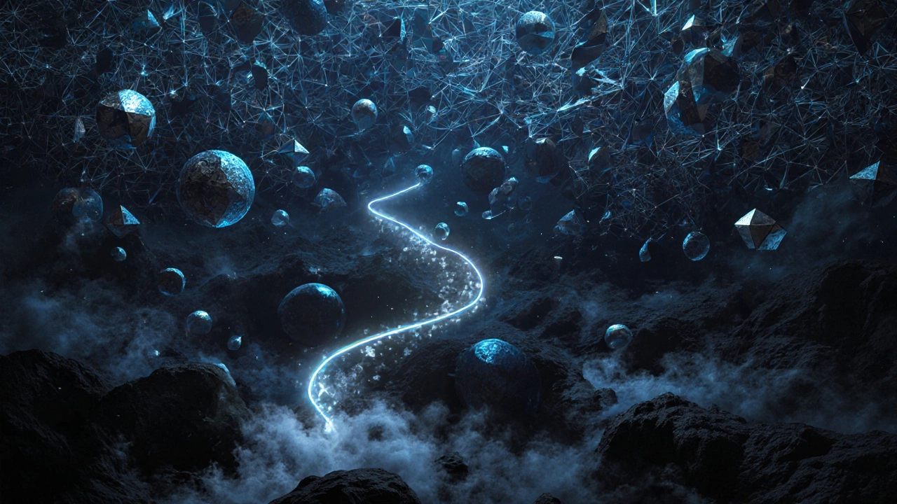 An abstract lattice of geometric shapes with one glowing path representing a breakthrough mathematical technique in deep space.