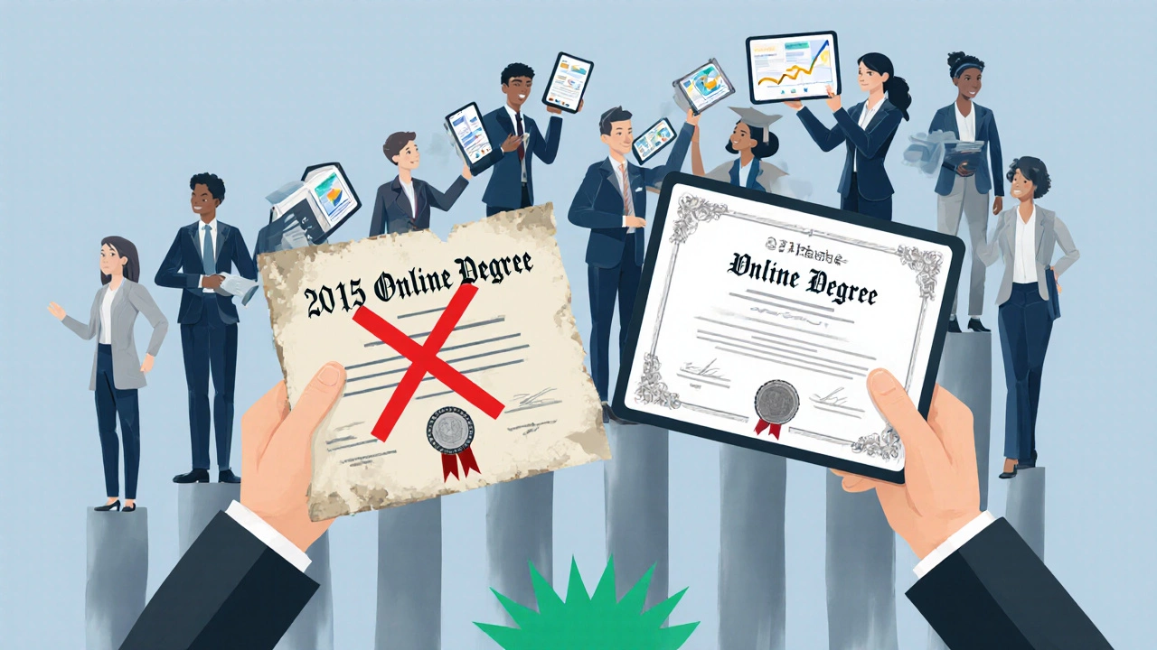 Contrasting hands holding old vs. modern degrees, with professionals rising behind as a tide of validation.