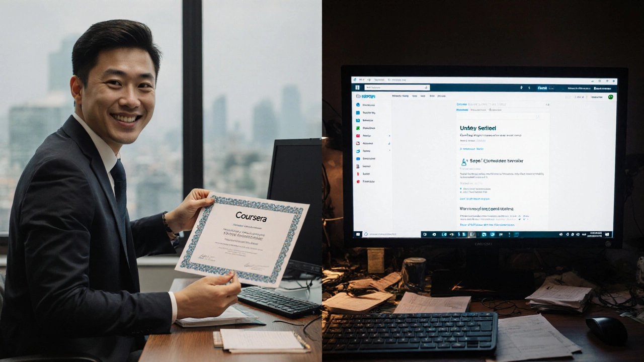 Professional adding a Coursera certificate to LinkedIn while Udemy tabs remain unverified on a cluttered desk.