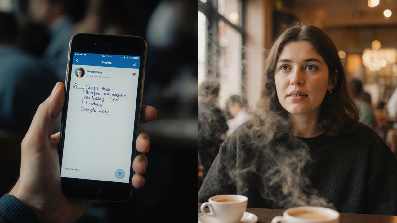 Side-by-side progress of a learner going from nervous recording to confident conversation in a café.