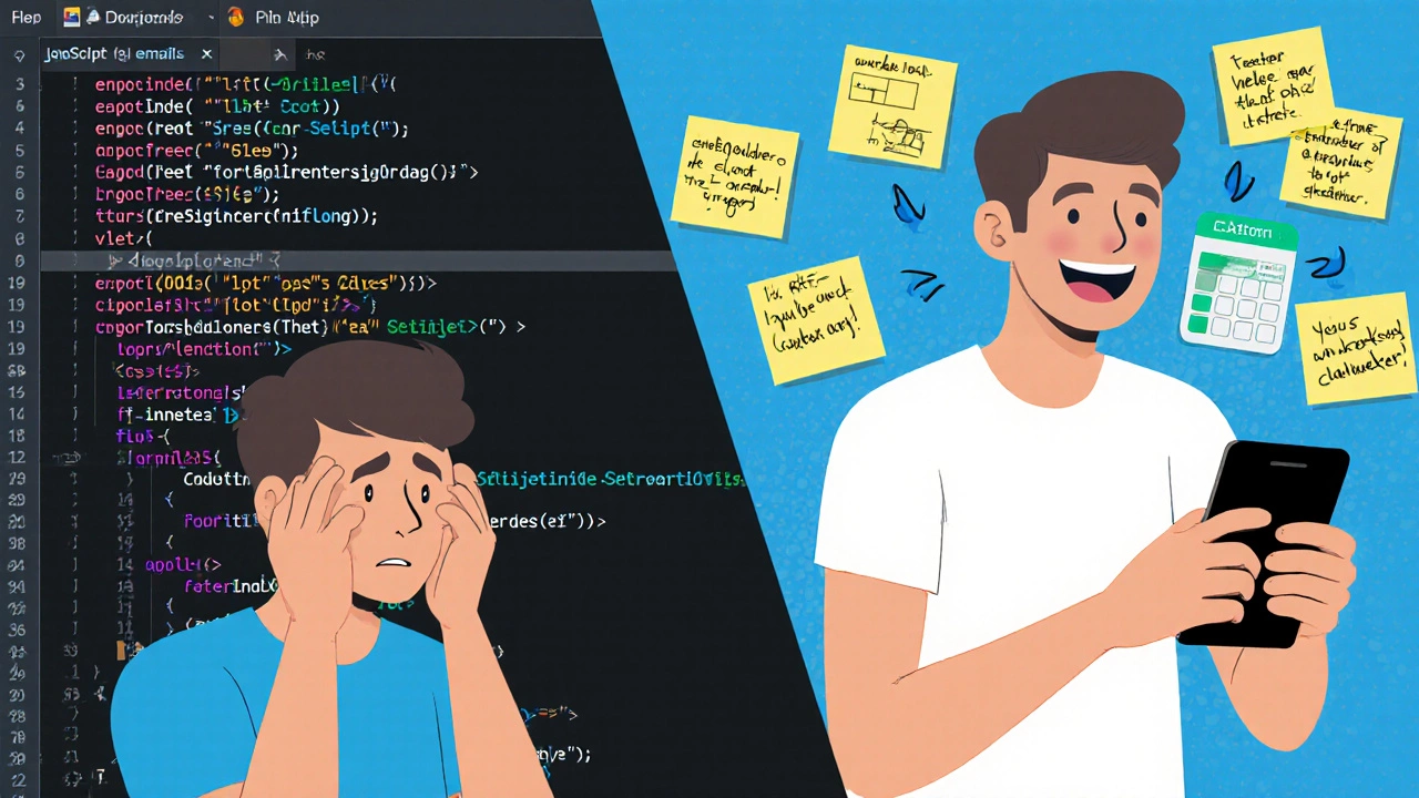 Split-screen of someone frustrated with code then smiling after fixing a JavaScript calculator