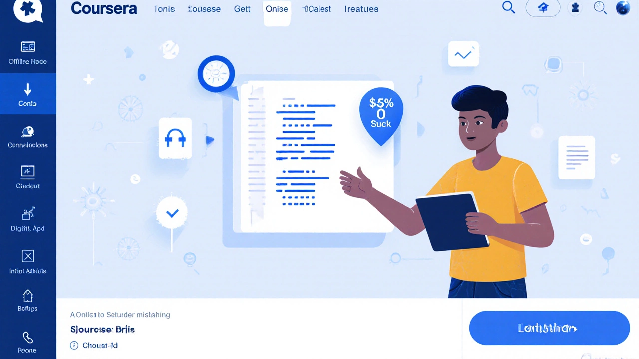 Student in rural India learning to code with an AI tutor on Coursera, offline mode active and financial aid badge visible.