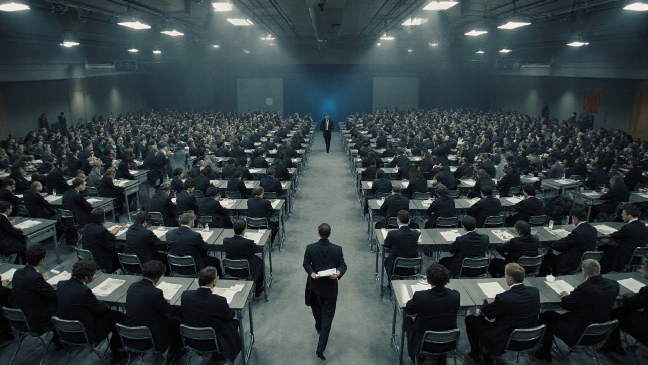 Thousands of applicants seated in a large hall, all focused on exams under harsh fluorescent lights.