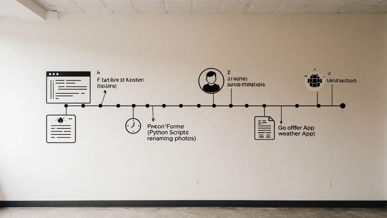 Timeline mural showing journey from blank editor to GitHub projects and job offer