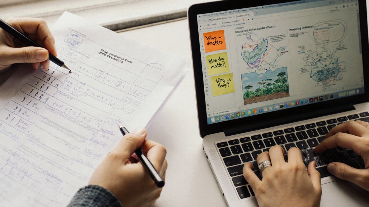 Two hands writing: one filling a rigid exam sheet, the other typing a reflective essay with diagrams.